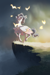 Size: 1600x2400 | Tagged: safe, artist:joan-grace, imported from derpibooru, oc, oc only, oc:romantic sunset, pegasus, pony, cliff, female, mare, solo, two toned wings, wings