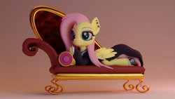 Size: 3840x2160 | Tagged: safe, artist:dieanondie, imported from derpibooru, imported from ponybooru, fluttershy, pegasus, pony, 3d, blender, clothes, dress, ear piercing, earring, eyeshadow, fainting couch, female, fluttergoth, goth, high res, hoof shoes, jewelry, lying down, makeup, mare, piercing, prone, solo