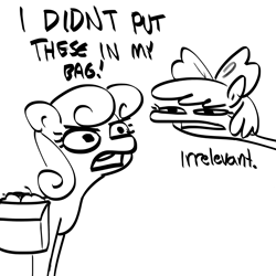 Size: 3000x3000 | Tagged: safe, artist:tjpones, imported from derpibooru, apple bloom, bon bon, sweetie drops, earth pony, pony, call of the cutie, apple, bag, black and white, dialogue, duo, female, filly, food, grayscale, high res, i didn't put those in my bag, mare, monochrome, saddle bag, simple background, sketch, white background