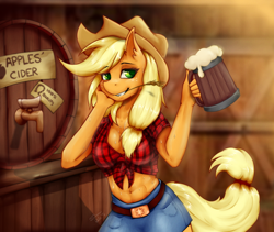 Size: 1282x1080 | Tagged: safe, artist:shamziwhite, imported from derpibooru, applejack, anthro, earth pony, belly button, belt, beverage, blonde hair, blonde mane, blonde tail, breasts, cleavage, clothes, cowboy hat, denim shorts, drink, ear fluff, eyebrows, eyebrows visible through hair, female, fluffy, freckles, fur, green eyes, hair, hair accessory, hat, mammal, mane, mare, midriff, orange fur, shirt, shorts, skirt, smiling, solo, sweat, tail, teeth, topwear