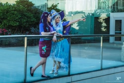 Size: 2048x1365 | Tagged: safe, artist:mieucosplay, artist:sarahndipity cosplay, artist:xen photography, imported from derpibooru, starlight glimmer, trixie, human, 2017, cape, clothes, cosplay, costume, duo, facebook, hat, irl, irl human, photo, pointing, trixie's cape, trixie's hat