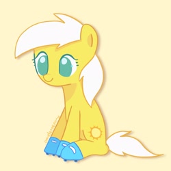 Size: 2048x2048 | Tagged: safe, artist:omelettepony, imported from derpibooru, sunny daze, earth pony, pony, colored pupils, drop shadow, female, filly, high res, signature, simple background, sitting, skates, smiling, solo, yellow background