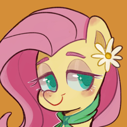 Size: 1280x1280 | Tagged: safe, artist:meowmeows4872, imported from derpibooru, fluttershy, pony, blushing, bust, eyebrows, female, flower, lidded eyes, looking at you, looking sideways, mare, neckerchief, orange background, portrait, simple background, smiling, solo, three quarter view