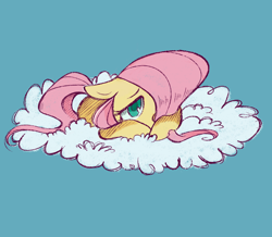 Size: 1280x1114 | Tagged: safe, artist:meowmeows4872, imported from derpibooru, fluttershy, pony, cloud, female, floppy ears, hair over one eye, looking at you, lying down, on a cloud, prone, simple background, solo, teal background, younger, younger fluttershy