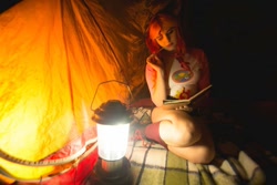 Size: 1080x720 | Tagged: safe, artist:maddymoiselle, imported from derpibooru, photographer:taps, sunset shimmer, human, equestria girls, legend of everfree, book, clothes, cosplay, costume, irl, irl human, lantern, photo, reading