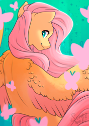 Size: 1280x1811 | Tagged: safe, artist:silentwolf-oficial, imported from derpibooru, part of a set, fluttershy, butterfly, pegasus, pony, abstract background, bust, colored wings, colored wingtips, female, flowing mane, head turned, high res, looking at you, looking back, looking back at you, looking over shoulder, mare, rear view, smiling, smiling at you, solo, spread wings, turned head, two toned wings, wings