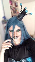 Size: 536x960 | Tagged: safe, artist:sarahndipity cosplay, imported from derpibooru, queen chrysalis, human, clothes, cosplay, costume, facebook, fangs, irl, irl human, long nails, open mouth, photo