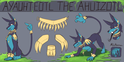 Size: 3000x1500 | Tagged: safe, artist:miramore, imported from derpibooru, oc, ahuizotl (species), hybrid, aztec, bracelet, bust, fangs, forked tongue, gold, hand, jewelry, jewelry only, necklace, plant, reference sheet, ring, shadow, shoulder pads, signature, simple background, solo, teeth, weird eyes