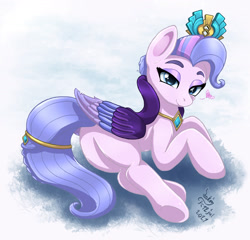 Size: 1980x1900 | Tagged: safe, artist:joakaha, imported from derpibooru, imported from ponybooru, queen haven, pegasus, pony, adorahaven, bedroom eyes, colored wings, cute, female, g5, gradient background, havenbutt, lidded eyes, looking at you, mare, multicolored wings, signature, solo, underhoof, wings