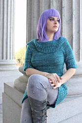 Size: 1365x2048 | Tagged: safe, artist:shelbeanie, imported from derpibooru, maud pie, human, clothes, cosplay, costume, facebook, irl, irl human, photo, sitting