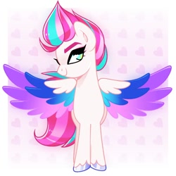 Size: 1050x1050 | Tagged: safe, artist:aferalsunflower, artist:vivian reed, imported from derpibooru, zipp storm, pegasus, pony, abstract background, adorazipp, cute, female, g5, looking at you, mare, smiling, solo, spread wings, unshorn fetlocks, wings