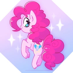 Size: 1500x1500 | Tagged: safe, artist:aferalsunflower, artist:vivian reed, imported from derpibooru, pinkie pie, earth pony, pony, abstract background, beanbrows, cute, diapinkes, eyebrows, female, heart, looking at you, looking back, looking back at you, mare, raised hoof, solo, sparkles