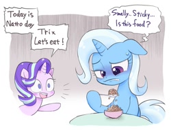 Size: 1573x1200 | Tagged: safe, artist:k-nattoh, imported from derpibooru, starlight glimmer, trixie, pony, unicorn, beans, dialogue, disgusted, duo, female, floppy ears, food, gritted teeth, herbivore, mare, natto, spoon, trixie is not amused, unamused