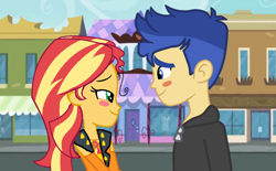 Size: 1000x620 | Tagged: safe, artist:3d4d, imported from derpibooru, flash sentry, sunset shimmer, equestria girls, blushing, female, flashimmer, looking at each other, male, shipping, smiling, smiling at each other, straight