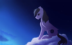 Size: 1280x816 | Tagged: safe, artist:akeahi, imported from derpibooru, oc, oc only, pegasus, pony, cloud, folded wings, male, melancholy, night, on a cloud, outdoors, sitting, solo, stallion, wings