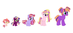 Size: 1280x587 | Tagged: safe, artist:glitterfleshgum, imported from derpibooru, oc, oc only, oc:apollonia, oc:pear butter, oc:pixie petunia, oc:sun catcher, oc:sunrise ace, earth pony, pegasus, pony, unicorn, baby, baby pony, base used, female, filly, freckles, offspring, parent:big macintosh, parent:twilight sparkle, parents:twimac, pigtails, siblings, simple background, sisters, transparent background