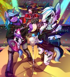 Size: 2478x2725 | Tagged: safe, artist:breioom, imported from derpibooru, oc, oc only, oc:aegis moonwalker, oc:crosswind, oc:vetica moralli, anthro, bird, fox, hybrid, unicorn, wolf, band, bass guitar, boots, breasts, choker, cleavage, clothes, concert, drum kit, drums, female, furry, furry oc, guitar, high res, hoof shoes, jacket, looking at you, mare, microphone, music, musical instrument, shoes, stage, trio