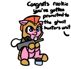 Size: 350x339 | Tagged: safe, artist:neuro, oc, oc only, earth pony, pony, armor, dialogue, earth pony oc, female, floppy ears, guardsmare, helmet, hoof shoes, jar, mare, offscreen character, proton pack, purple eyes, royal guard, simple background, sitting, solo, white background