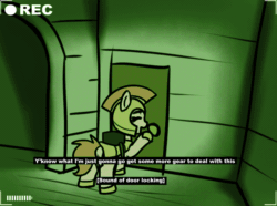 Size: 1294x961 | Tagged: safe, artist:neuro, oc, oc only, earth pony, ghost, pony, undead, animated, armor, camera shot, dialogue, earth pony oc, eyes closed, female, gif, guardsmare, haunted house, helmet, hoof shoes, mare, night vision, open mouth, phasmophobia, proton pack, royal guard, solo, spirit leaving body, subtitles