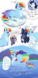 Size: 1280x2636 | Tagged: safe, artist:theartfox2468, imported from derpibooru, rainbow dash, soarin', pegasus, pony, worm, alternate design, dialogue, female, grooming, male, nest, offspring, preening, shipping, soarindash, straight, swimming