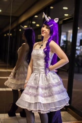 Size: 533x800 | Tagged: safe, artist:littlemissbloo, imported from derpibooru, rarity, human, bare shoulders, clothes, cosplay, costume, facebook, hand on hip, irl, irl human, photo, sleeveless