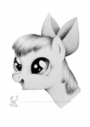 Size: 2480x3508 | Tagged: safe, artist:rachelmacready, imported from derpibooru, apple bloom, earth pony, pony, bust, female, filly, happy, high res, monochrome, portrait, solo