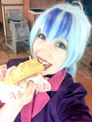 Size: 960x1280 | Tagged: safe, artist:littlemissbloo, imported from derpibooru, sonata dusk, human, equestria girls, clothes, cosplay, costume, food, irl, irl human, open mouth, photo, sonataco, taco, that girl sure loves tacos