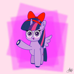 Size: 1280x1280 | Tagged: safe, artist:limitmj, imported from derpibooru, twilight sparkle, alicorn, pony, blush sticker, blushing, bow, cute, female, frog (hoof), hair bow, mare, open mouth, open smile, simple background, smiling, solo, solo female, twiabetes, twilight sparkle (alicorn), underhoof, waving at you