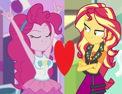 Size: 1662x1280 | Tagged: safe, edit, edited screencap, editor:ah96, imported from derpibooru, screencap, pinkie pie, sunset shimmer, constructive criticism, equestria girls, equestria girls series, forgotten friendship, armpits, big breasts, breast edit, breasts, busty pinkie pie, cropped, crossed arms, devil horn (gesture), eyes closed, female, heart, lesbian, shipping, shipping domino, solo, sunsetpie