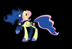 Size: 2960x2026 | Tagged: safe, artist:theunknowenone1, imported from derpibooru, fluttershy, princess luna, alicorn, pegasus, pony, black background, conjoined, fusion, happy, high res, merge, multiple heads, simple background, two heads, we have become one