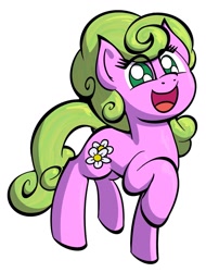 Size: 1027x1348 | Tagged: safe, artist:ashtoneer, imported from derpibooru, daisy, flower wishes, earth pony, pony, eye clipping through hair, female, mare, open mouth, open smile, raised hoof, simple background, smiling, solo, white background