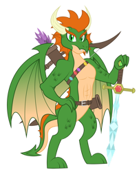 Size: 1024x1269 | Tagged: safe, artist:aleximusprime, imported from derpibooru, oc, oc:smelt, dragon, arrow, belt, bow, bow (weapon), bow and arrow, crystal, diamond, dragon oc, fantasy class, flurry hearts story, frills, gem, horns, scabbard, smelt the dragon, super dragon warriors, sword, warrior, weapon, wings