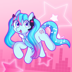 Size: 1386x1368 | Tagged: safe, artist:corvidcactus, imported from derpibooru, pony, anime, cute, hatsune miku, headset, necktie, ponified, raised leg, vocaloid