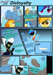 Size: 4961x7016 | Tagged: safe, artist:ruthless7, imported from derpibooru, fleetfoot, rainbow dash, spitfire, pegasus, pony, betrayal, clothes, comic, costume, dialogue, evil grin, female, flying, grin, mare, outdoors, shadowbolts costume, smiling