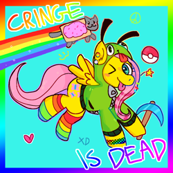 Size: 1000x1000 | Tagged: safe, artist:corvidcactus, imported from derpibooru, fluttershy, cat, pegasus, pony, ;p, antonymph, clothes, cringe culture is dead, diamond pickaxe, fluttgirshy, hoodie, invader zim, looking at you, minecraft, nyan cat, one eye closed, pickaxe, pokémon, pride, pride flag, rainbow socks, running, socks, solo, striped socks, tongue out, transgender pride flag, wink, winking at you