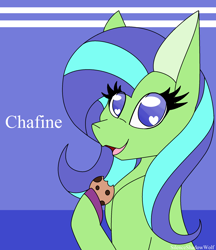 Size: 1912x2216 | Tagged: safe, artist:silenceshadowwolf, imported from derpibooru, oc, oc only, earth pony, pony, abstract background, bust, cookie, earth pony oc, female, food, heart eyes, mare, open mouth, signature, smiling, solo, wingding eyes