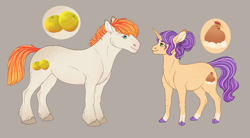 Size: 6749x3722 | Tagged: safe, artist:bluet0ast, imported from derpibooru, oc, oc only, earth pony, pony, unicorn, colored hooves, duo, earth pony oc, female, horn, magical lesbian spawn, male, mare, offspring, parent:applejack, parent:rarity, parents:rarijack, simple background, smiling, stallion, story included, unicorn oc