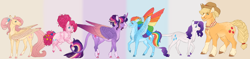 Size: 13800x3275 | Tagged: safe, artist:bluet0ast, imported from derpibooru, applejack, fluttershy, pinkie pie, rainbow dash, rarity, twilight sparkle, alicorn, earth pony, pegasus, pony, unicorn, alternate design, female, horn, lesbian, mane six, mare, older, rarijack, shipping, smiling, story included, twidash, twilight sparkle (alicorn), wings