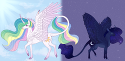 Size: 6950x3385 | Tagged: safe, artist:bluet0ast, imported from derpibooru, princess celestia, princess luna, alicorn, pony, absurd resolution, curved horn, duo, duo female, ethereal mane, female, horn, leonine tail, mare, raised hoof, siblings, sisters, starry mane, stars, story included