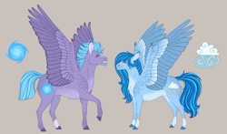 Size: 6872x4043 | Tagged: safe, artist:bluet0ast, imported from derpibooru, oc, oc only, oc:cyclone, oc:sleetstorm, pegasus, pony, absurd resolution, brown background, colored hooves, female, feminine stallion, male, mare, offspring, parent:oc:tornado, parent:rainbow dash, parent:twilight sparkle, parents:canon x oc, pegasus oc, raised hoof, simple background, stallion, story included, wing claws, wings