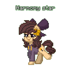 Size: 768x768 | Tagged: safe, artist:rainyponyindo, imported from derpibooru, oc, oc only, oc:harmony star, pony, unicorn, pony town, :p, bow, clothes, female, flower, flower in hair, hoodie, mare, name tag, simple background, tongue out, transparent background, walking