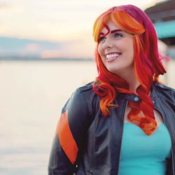 Size: 960x960 | Tagged: safe, artist:maddymoiselle, imported from derpibooru, sunset shimmer, human, clothes, cosplay, costume, facebook, irl, irl human, ocean, photo, smiling