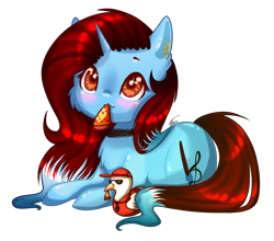 Size: 2392x2107 | Tagged: safe, artist:inspiredpixels, imported from derpibooru, oc, oc only, pony, unicorn, blushing, choker, ear piercing, female, food, high res, lying down, mare, piercing, pizza, simple background, solo, transparent background