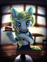 Size: 1729x2285 | Tagged: safe, artist:inspiredpixels, imported from derpibooru, oc, oc only, pony, unicorn, cake, clothes, female, food, indoors, knife, looking at you, maid, mare, offscreen character, pov, solo focus