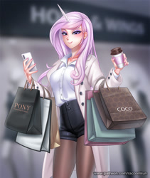 Size: 1000x1183 | Tagged: safe, artist:racoonsan, imported from derpibooru, fleur-de-lis, human, clothes, coffee, cute, female, horn, horned humanization, humanized, implied coco pommel, looking at you, phone, shopping, shopping bag, shopping bags, shorts, solo, tights