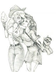 Size: 1000x1294 | Tagged: safe, artist:baron engel, imported from derpibooru, applejack, rarity, human, breasts, cowboy hat, female, grayscale, hat, humanized, implied twilight sparkle, lesbian, monochrome, pencil drawing, plushie, rarijack, shipping, simple background, story included, traditional art, white background