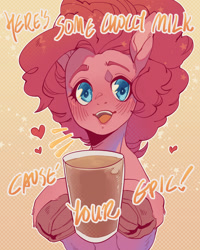 Size: 1280x1600 | Tagged: safe, artist:yuyusunshine, imported from derpibooru, pinkie pie, pony, abstract background, bipedal, blushing, chocolate, chocolate milk, cute, diapinkes, food, heart, hoof hold, looking at you, meme, milk, misspelling of you're, open mouth, ponified meme, smiling, solo, sparkles, text, underhoof