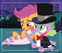Size: 2065x1768 | Tagged: safe, artist:interstellar-quartz, imported from derpibooru, scootaloo, spike, pony, a canterlot wedding, blushing, bridesmaid dress, clothes, dragon x pony, dress, female, flower filly, flower girl, flower girl dress, hat, interspecies, male, scootaspike, shipping, straight, top hat, tuxedo