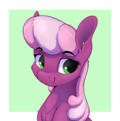 Size: 2547x2568 | Tagged: safe, artist:aquaticvibes, imported from derpibooru, cheerilee, earth pony, pony, bust, eyebrows, eyebrows visible through hair, female, high res, mare, smiling, solo