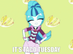 Size: 498x370 | Tagged: safe, artist:jakeneutron, edit, imported from derpibooru, sonata dusk, equestria girls, animated, cute, eyes closed, female, food, fukkireta, gif, grin, hand on hip, smiling, solo, sonatabetes, sonataco, swaying hips, taco, taco tuesday, that girl sure loves tacos, that pony sure does love tacos, that siren sure does love tacos